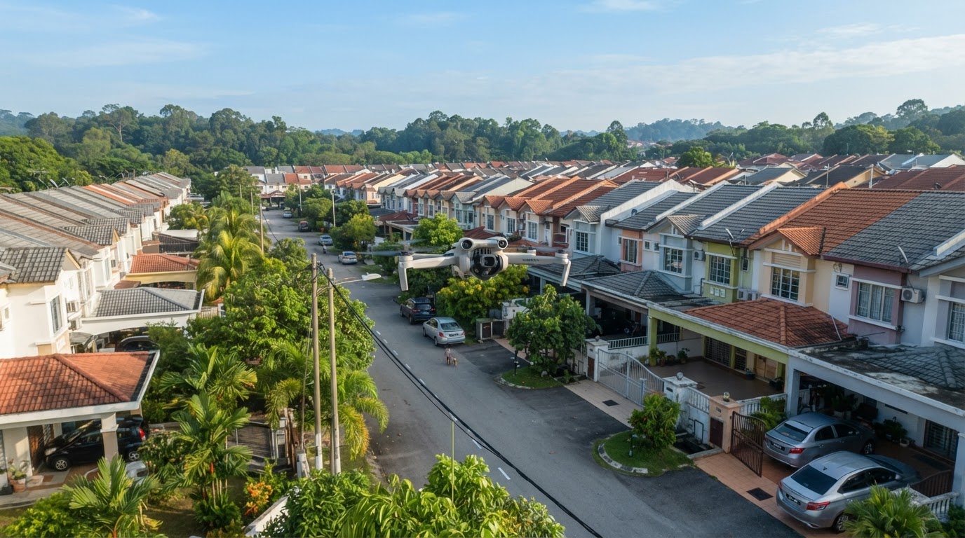 A modern compact drone hovering safely above a quiet Malaysian suburban neighbourhood of linked terrace houses in Selangor on a clear morning