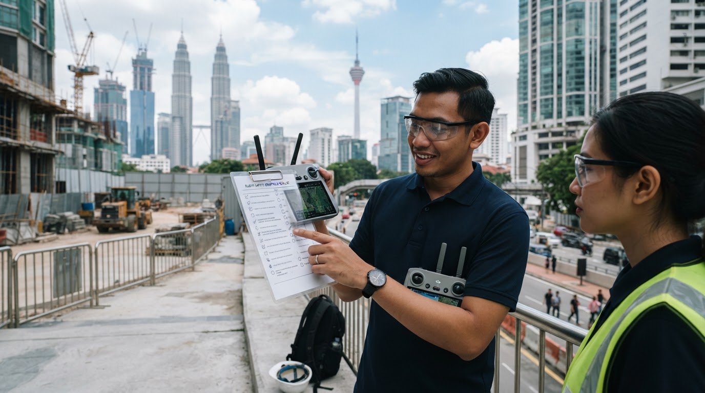 A professional drone operator in Malaysia showing a flight safety briefing checklist and remote controller on an urban site