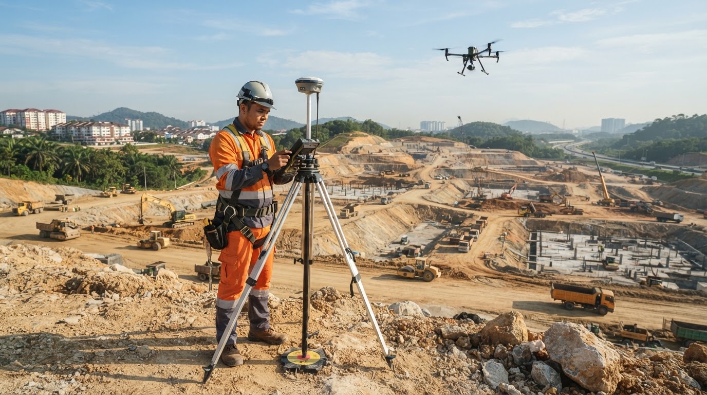 A professional surveyor in high-visibility gear calibrating a GNSS base station on a tripod overlooking a sprawling earthworks construction site in Selangor, Malaysia with an RTK survey drone hovering in the clear morning sky