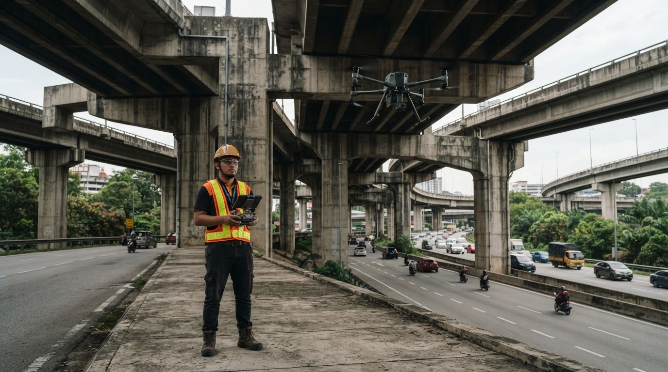 CAAM-certified drone pilot in high-visibility PPE operating an enterprise quadcopter beneath an elevated highway interchange in Selangor with traffic moving below