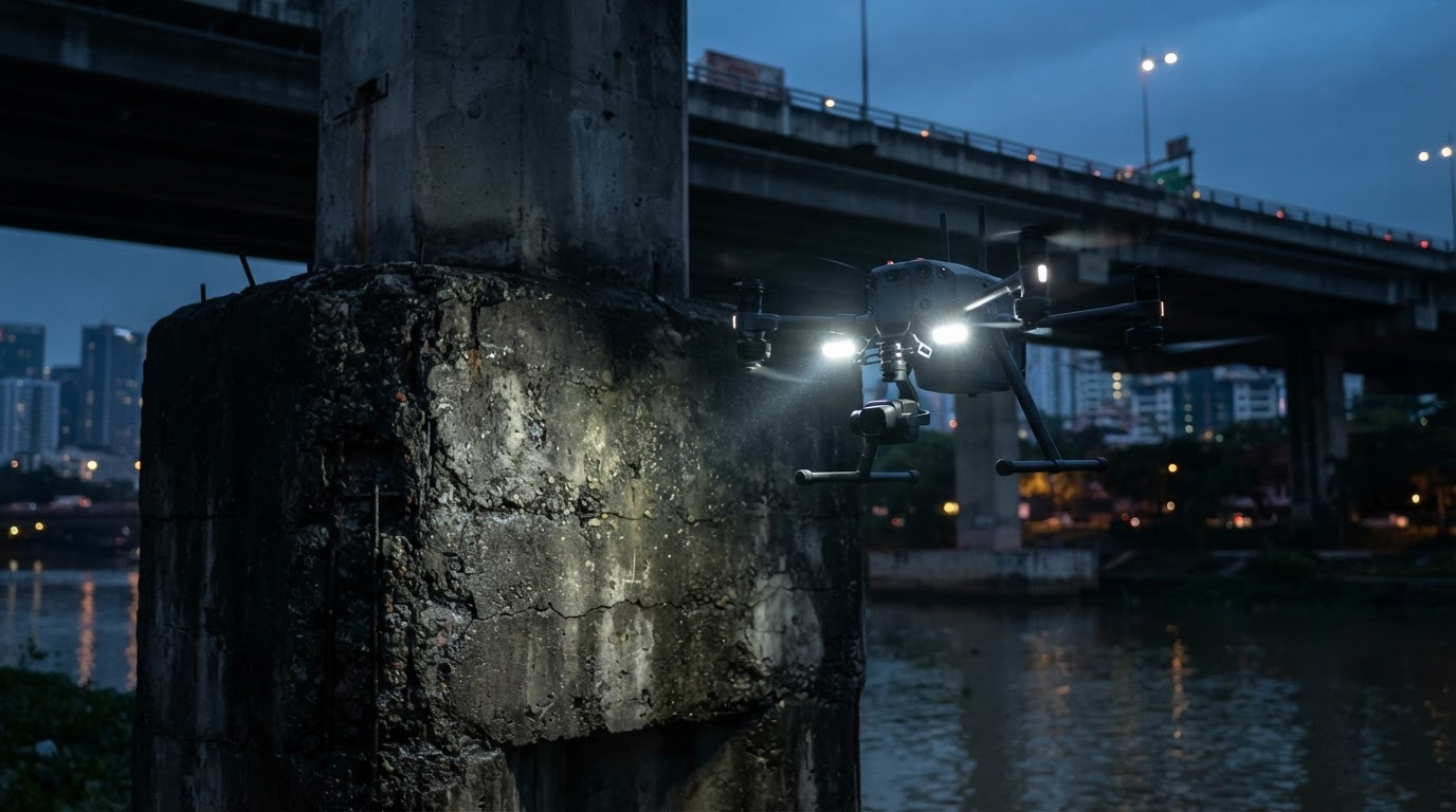 Close-up of an enterprise drone hovering near a concrete bridge pier, capturing high-resolution imagery with auxiliary spotlights active in low-light conditions