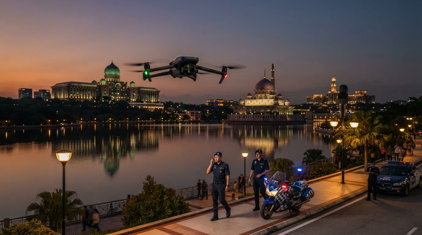 A DJI camera drone hovering in front of the Putrajaya administrative complex skyline at dusk with law enforcement patrolling nearby