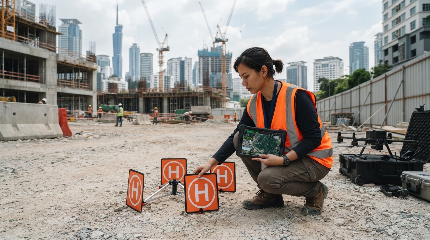 A professional drone pilot in high-visibility safety vest setting up takeoff ground markers and checking airspace clearance on a tablet in an urban development zone