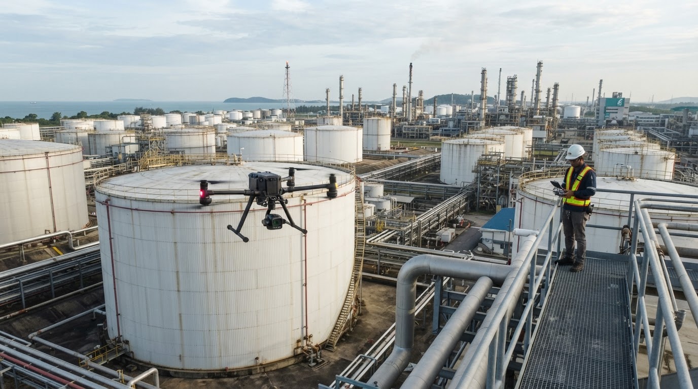 Dron industri kelas perusahaan sedang berlegar memeriksa struktur tangki simpanan keluli di kawasan loji minyak Pengerang Johor pada waktu pagi