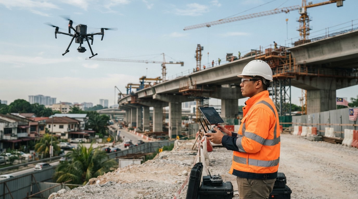 A professional drone pilot in high-visibility PPE and hard hat operating an enterprise drone near an elevated highway construction project in Selangor, Malaysia with cranes in the background