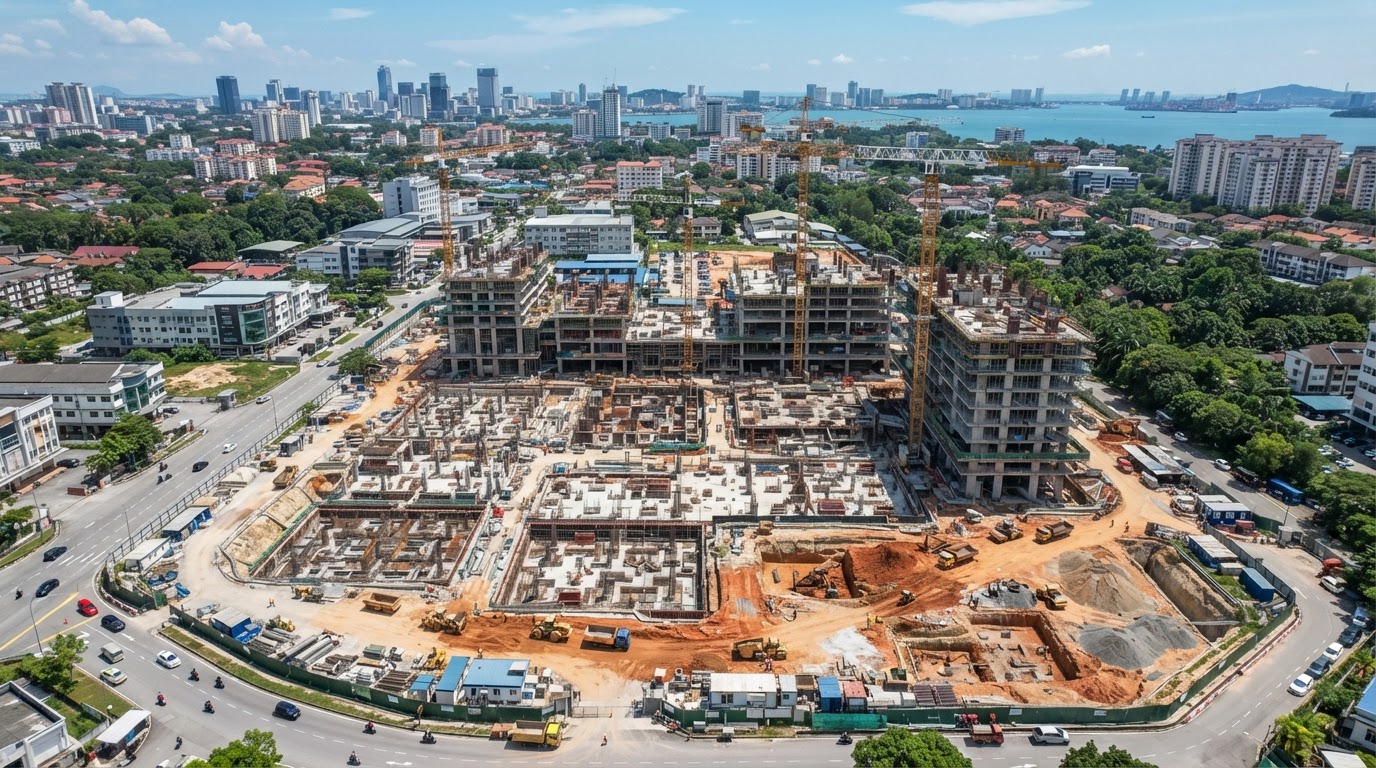 An aerial orthomosaic view of a multi-storey commercial construction site in Johor Bahru, showcasing foundation layout, earthwork cut-and-fill zones, and tower cranes under bright tropical daylight