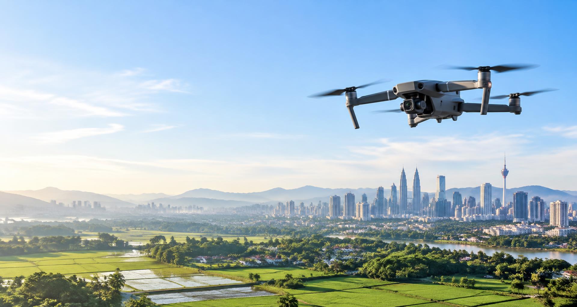 Commercial drone flying above Malaysia's fields and skyline