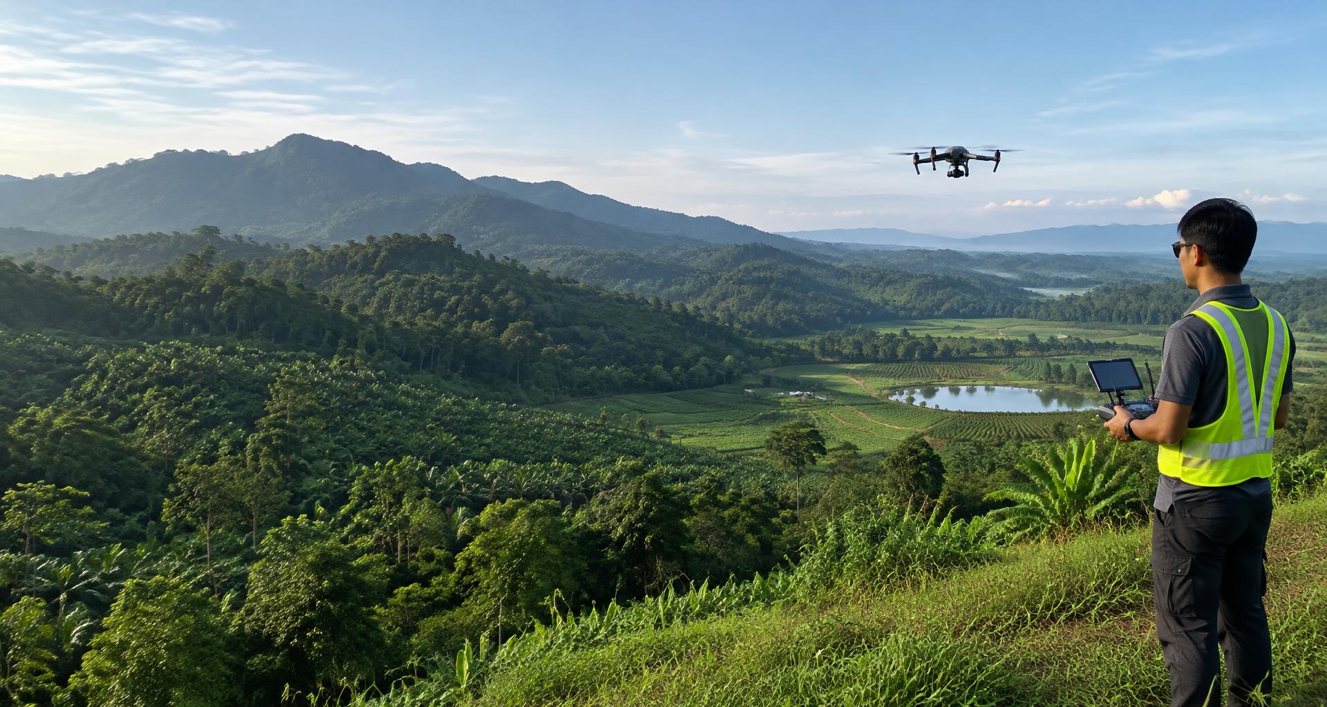 Drone pilot flying over green Malaysian fields and mountain scenery